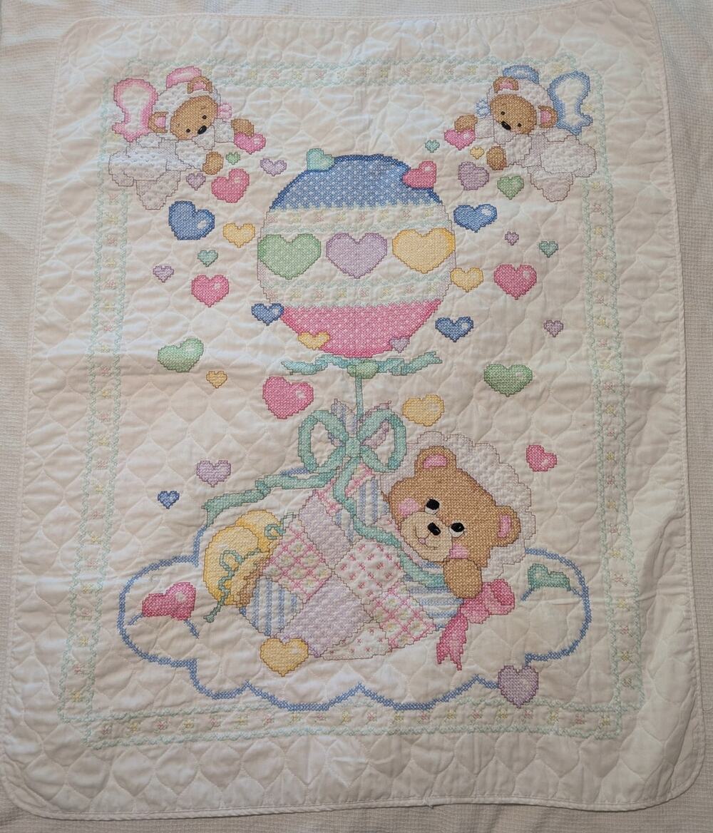 Vintage Dimensions Cross Stitch Baby Quilt Teddy Bear Hot Air Balloon Angel 1992